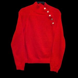 CHAPS Ralph Lauren Red Cotton Mock Neck Sweater With Gold Buttons XL